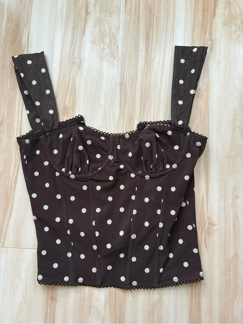 Edikted Polka Dot Corset Crop Top - Brown with White Dots